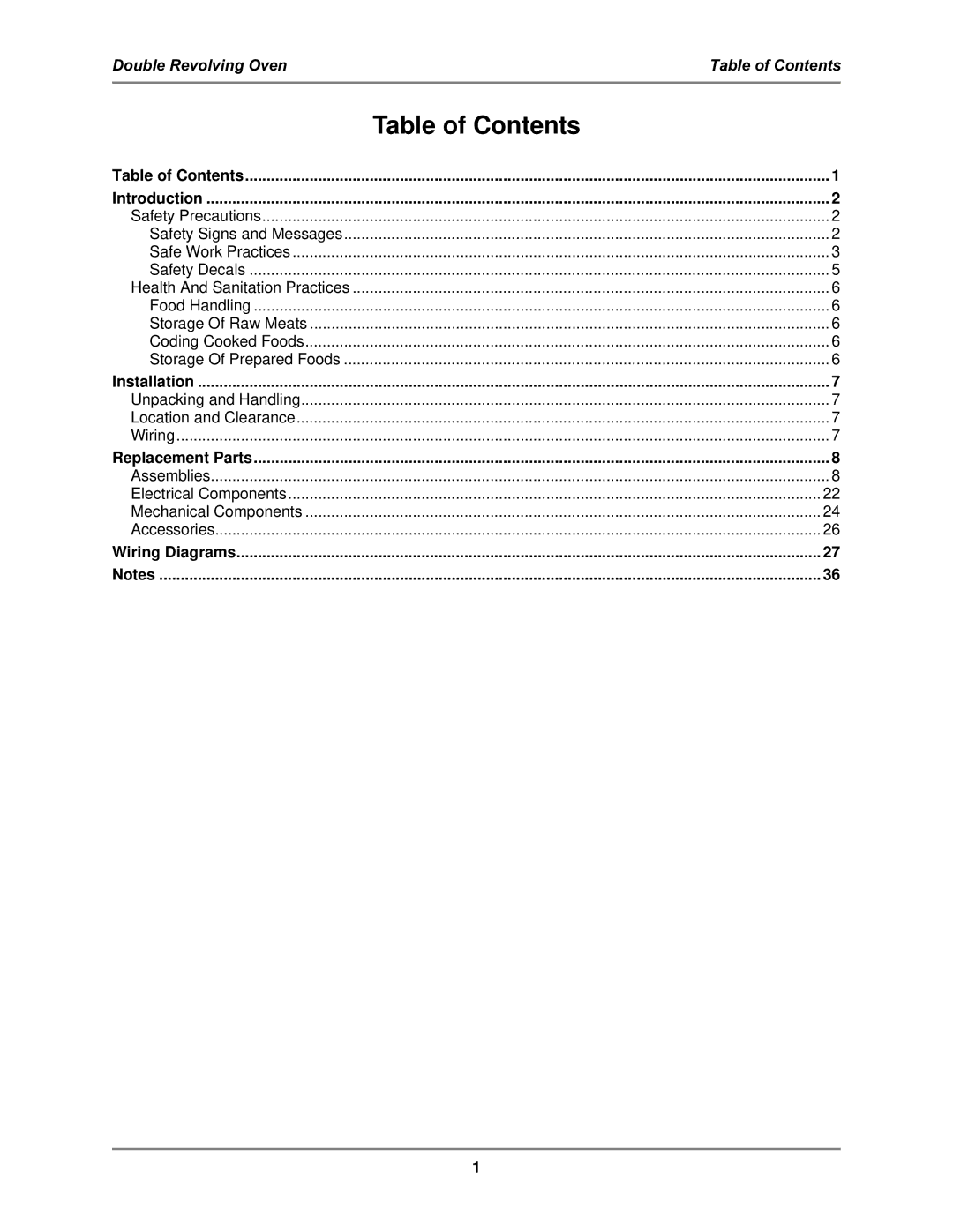 Bakers Pride Oven DR-34 service manual Table of Contents 