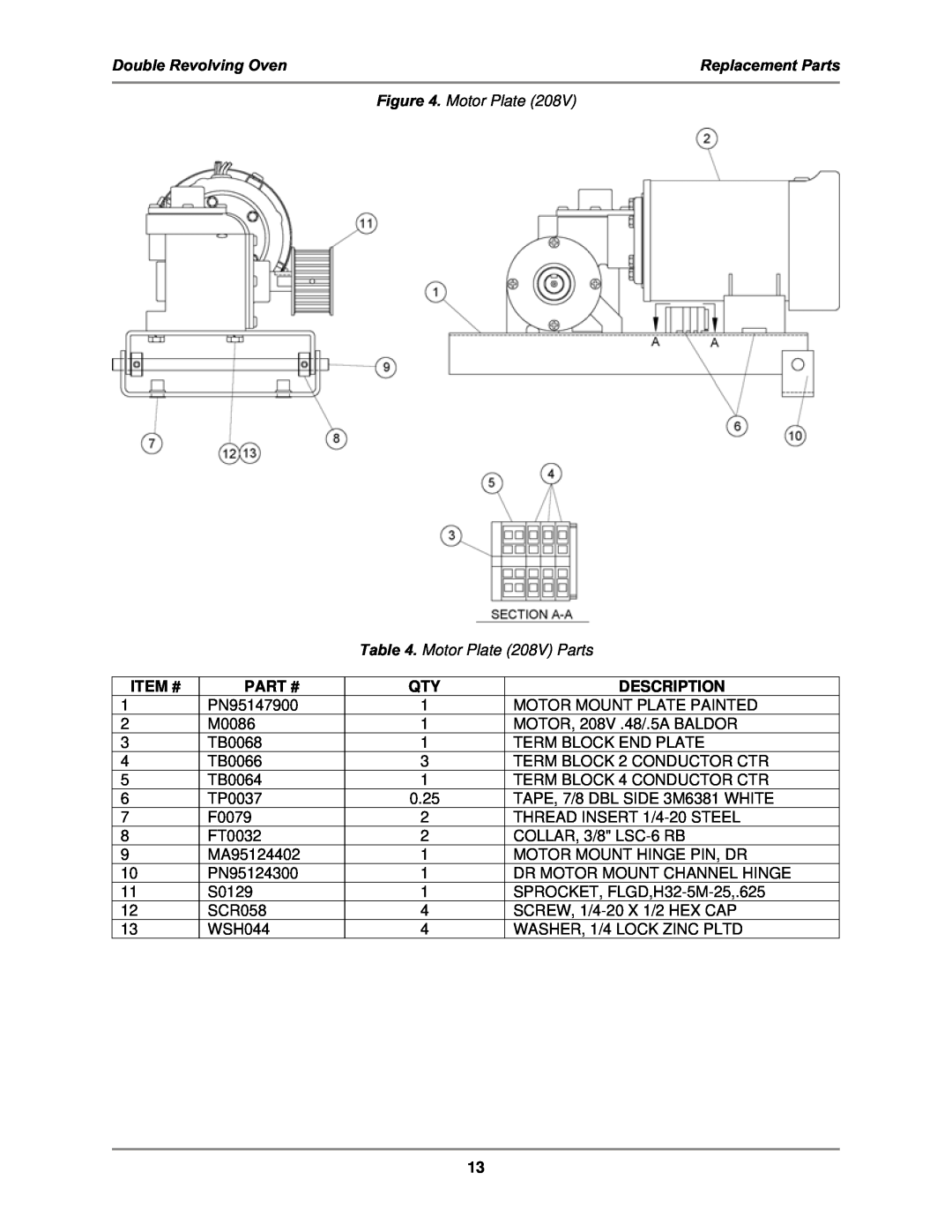 Bakers Pride Oven DR-34 service manual Double Revolving Oven, Replacement Parts, Item #, Part #, Description 
