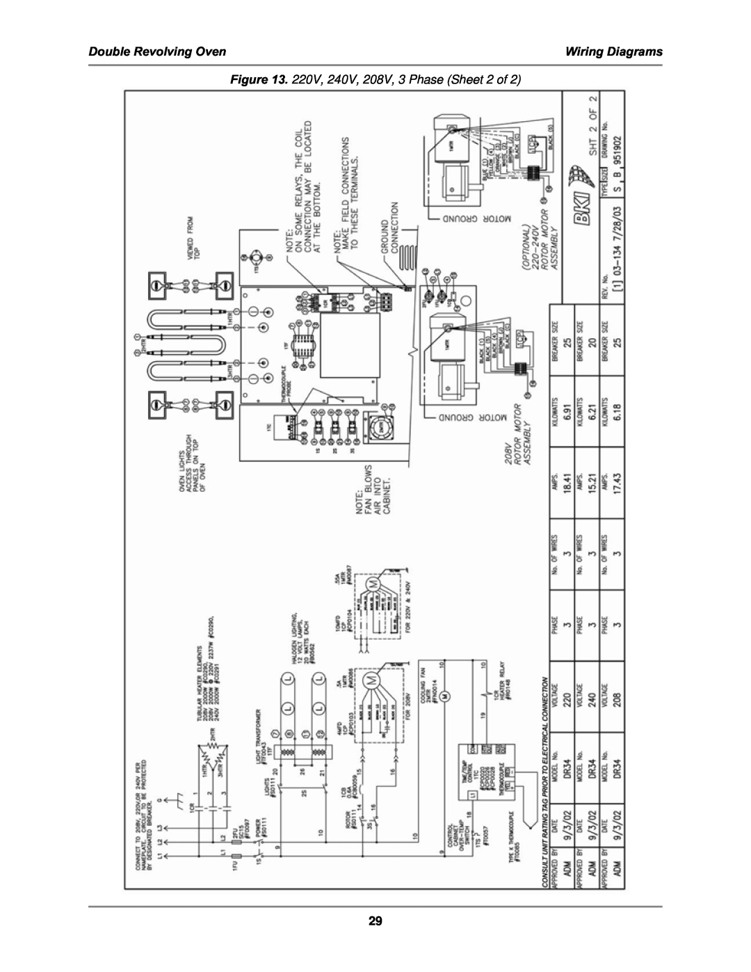 Bakers Pride Oven DR-34 service manual Double Revolving Oven, Wiring Diagrams, 220V, 240V, 208V, 3 Phase Sheet 2 of 