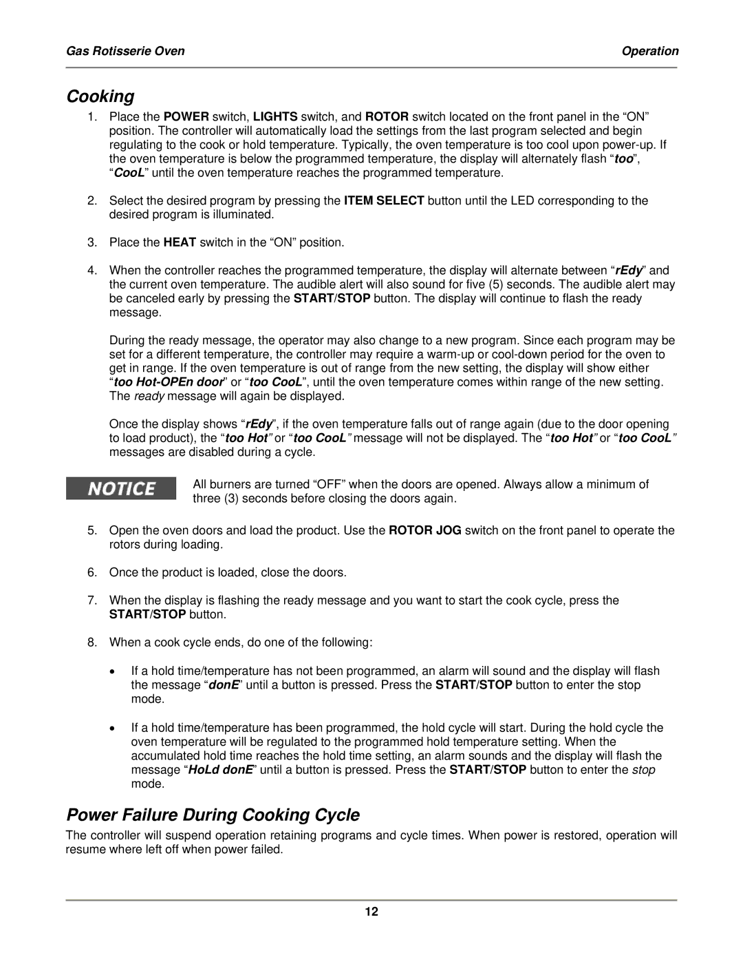 Bakers Pride Oven DRG-40 operation manual Power Failure During Cooking Cycle 