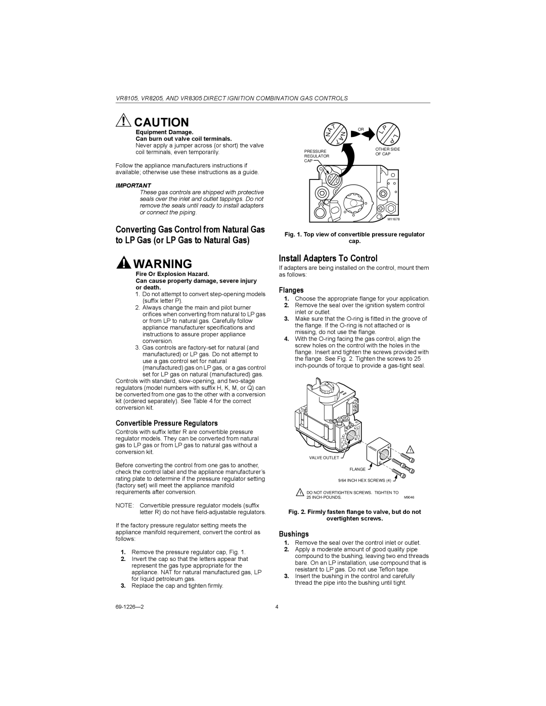 Bakers Pride Oven DRG-40 operation manual Install Adapters To Control, Equipment Damage Can burn out valve coil terminals 