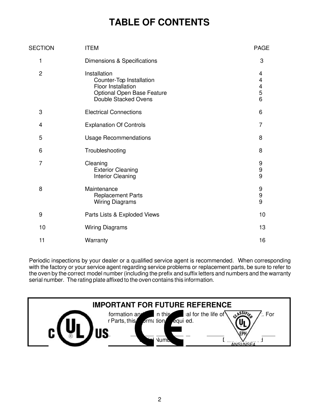 Bakers Pride Oven EP-2-2828 manual Table of Contents 