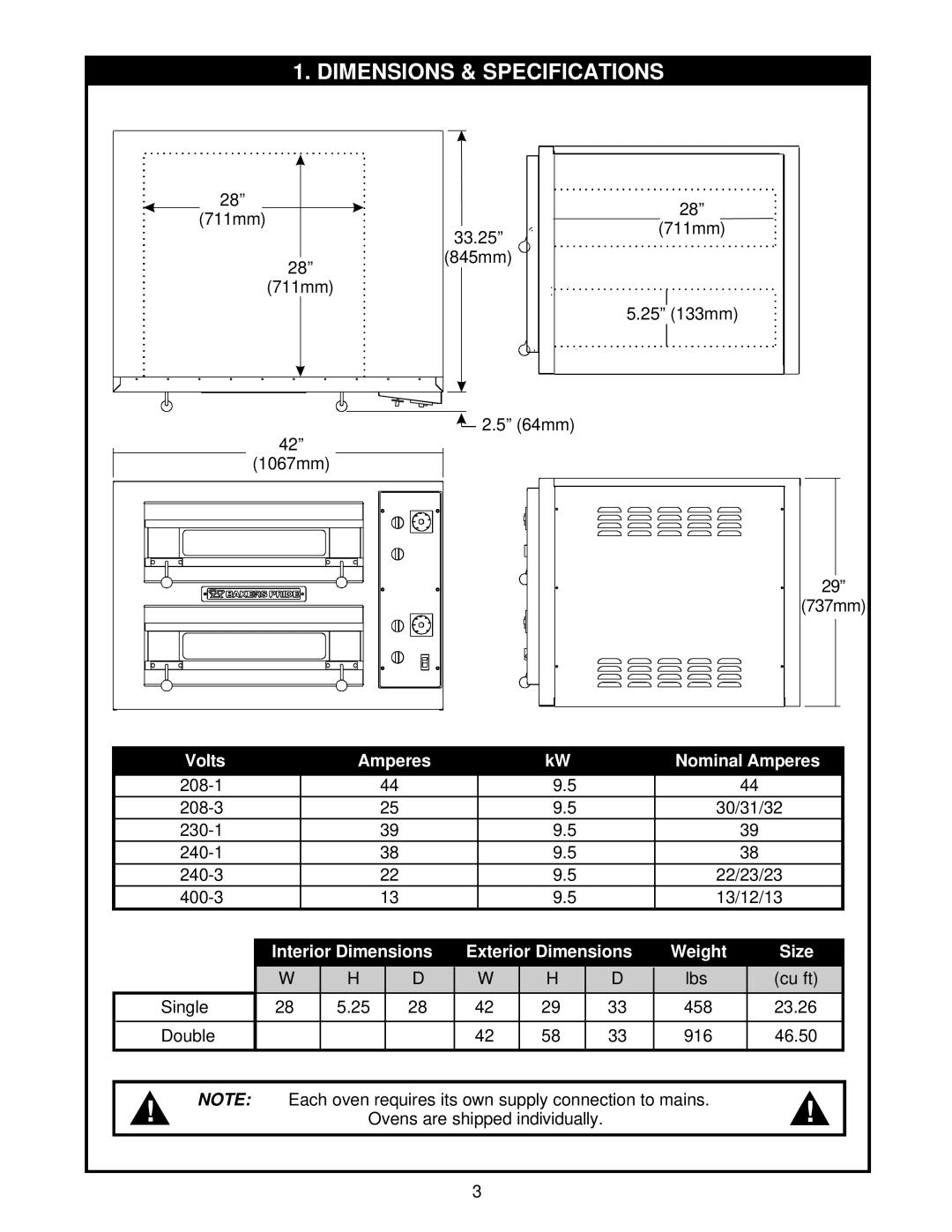 Bakers Pride Oven EP-2-2828 manual Dimensions & Specifications, Volts Amperes Nominal Amperes 