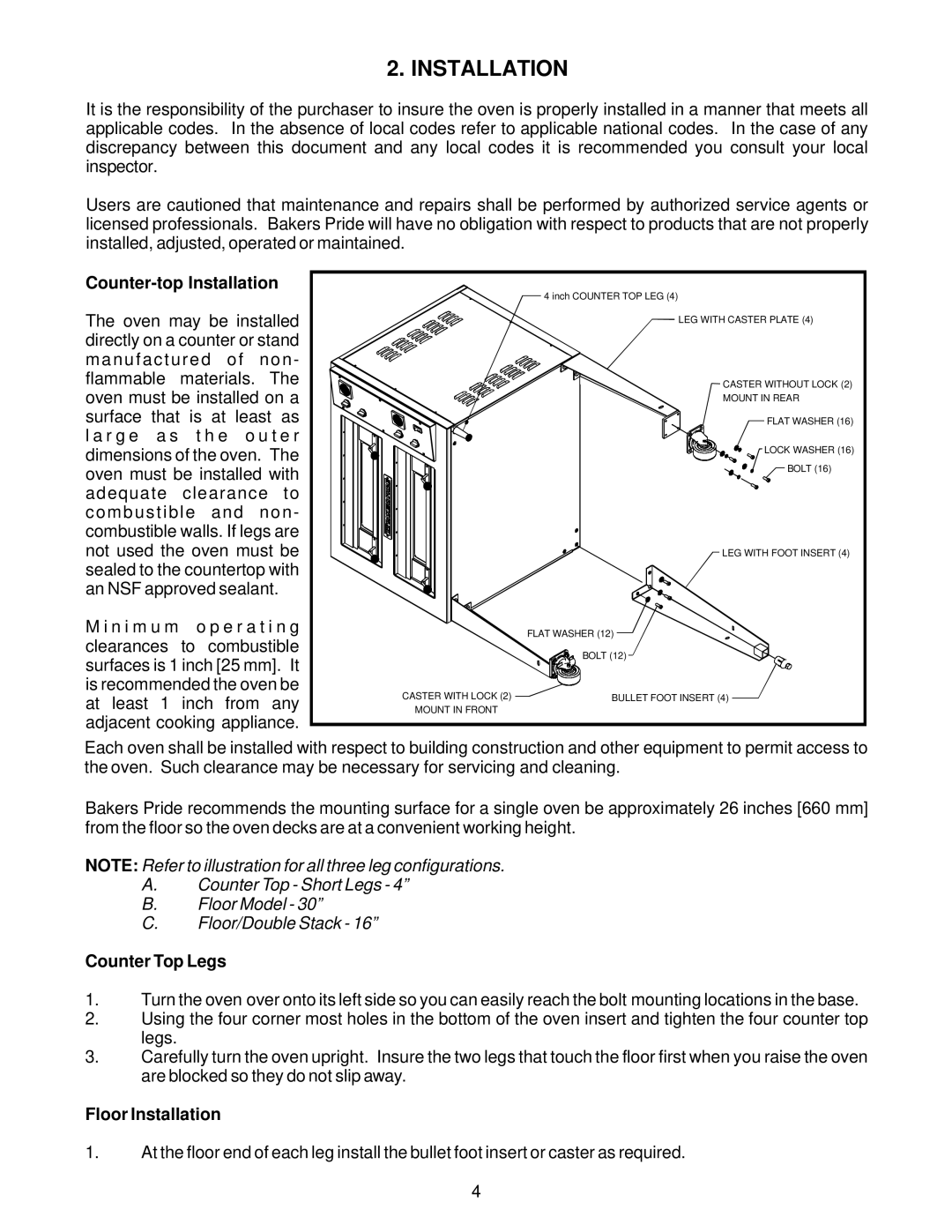 Bakers Pride Oven EP-2-2828 manual Counter-top Installation 