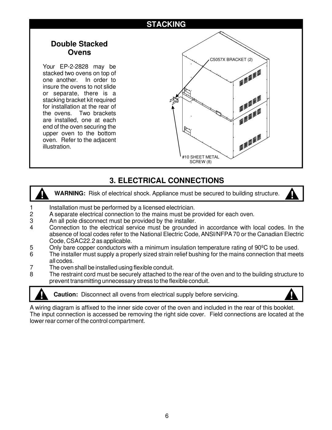 Bakers Pride Oven EP-2-2828 manual Stacking, Electrical Connections 