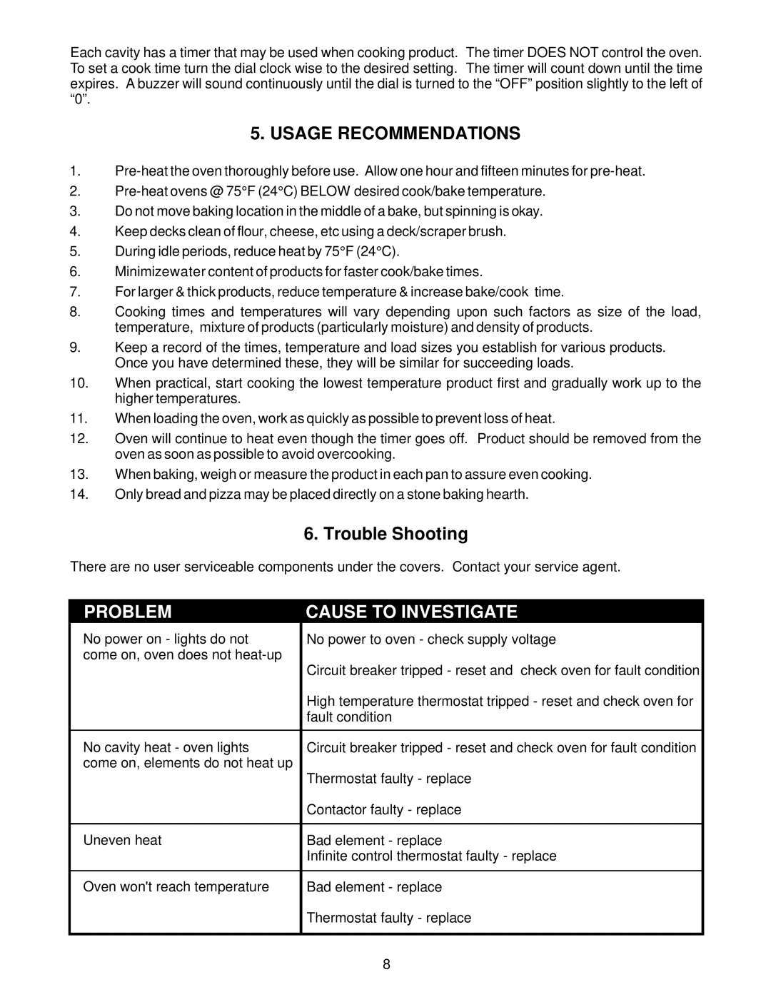 Bakers Pride Oven EP-2-2828 manual Usage Recommendations, Problem Cause to Investigate 