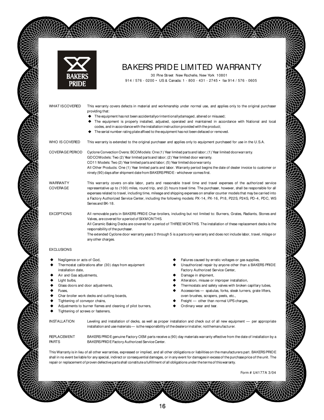 Bakers Pride Oven EP-2-2828 manual Bakers Pride Limited Warranty 