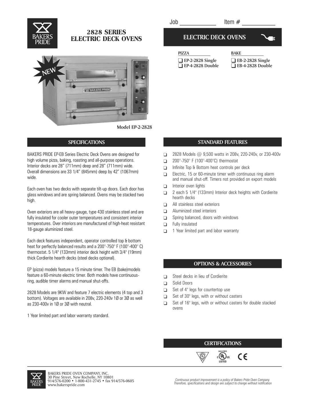 Bakers Pride Oven EB-2-2828 specifications Specifications, Standard Features, Options & Accessories, Certifications 