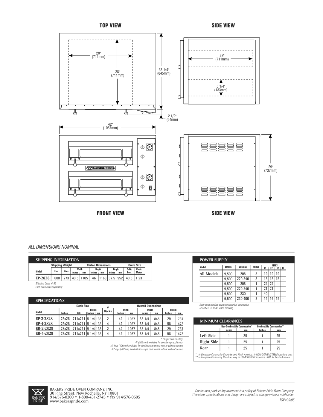 Bakers Pride Oven EB-4-2828, EP-4-2828, EB-2-2828 specifications Specifications, Power Supply, Minimum Clearances 