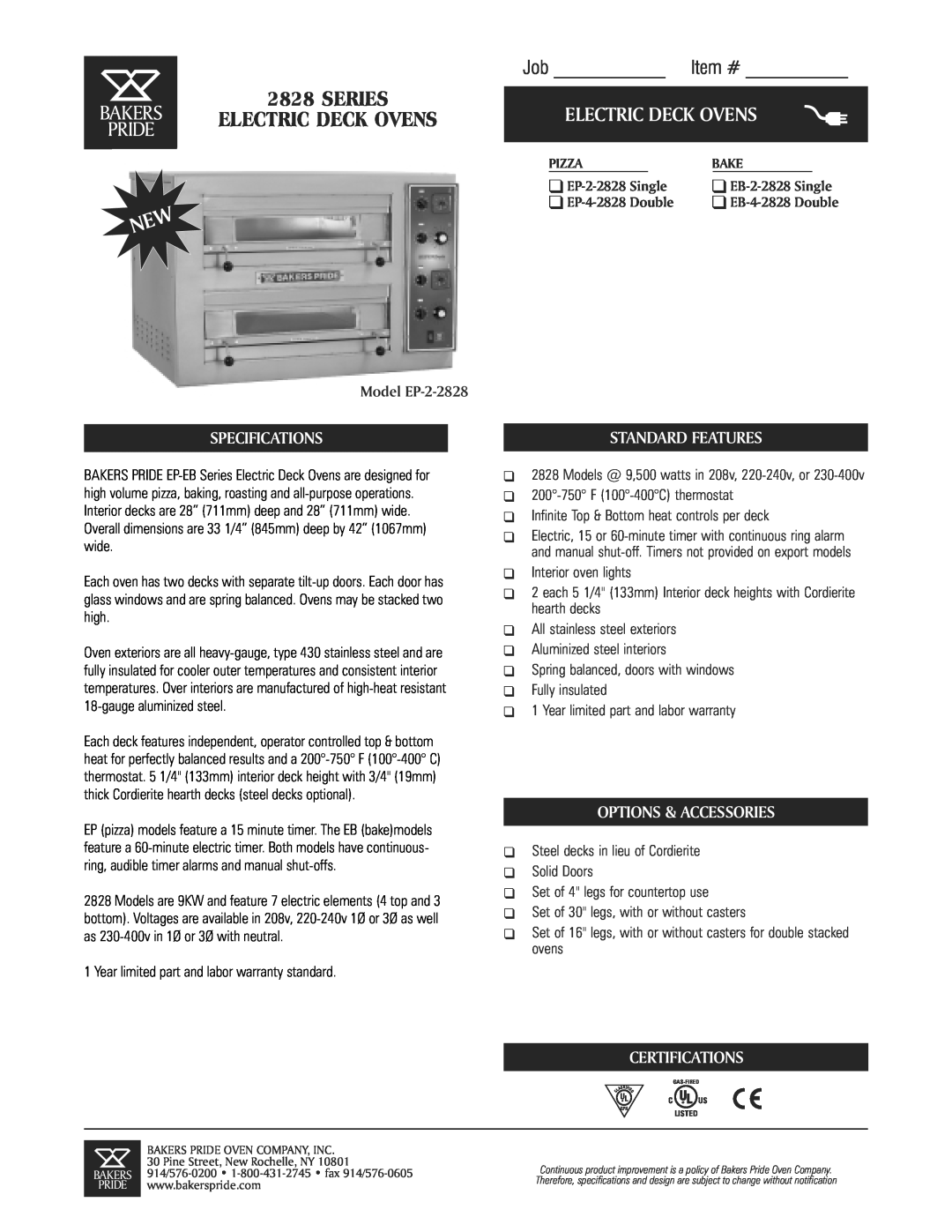 Bakers Pride Oven EB-2-2828, EP-4-2828 specifications Series Bakers Electric Deck Ovens Pride, Job, Item #, Specifications 