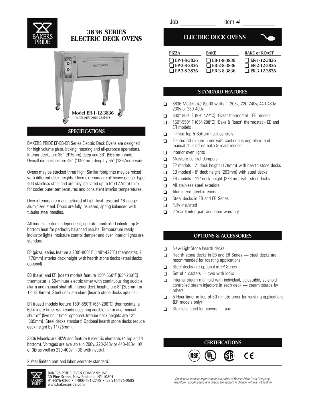 Bakers Pride Oven ER-1-12-3836 specifications Specifications, Standard Features, Options & Accessories 