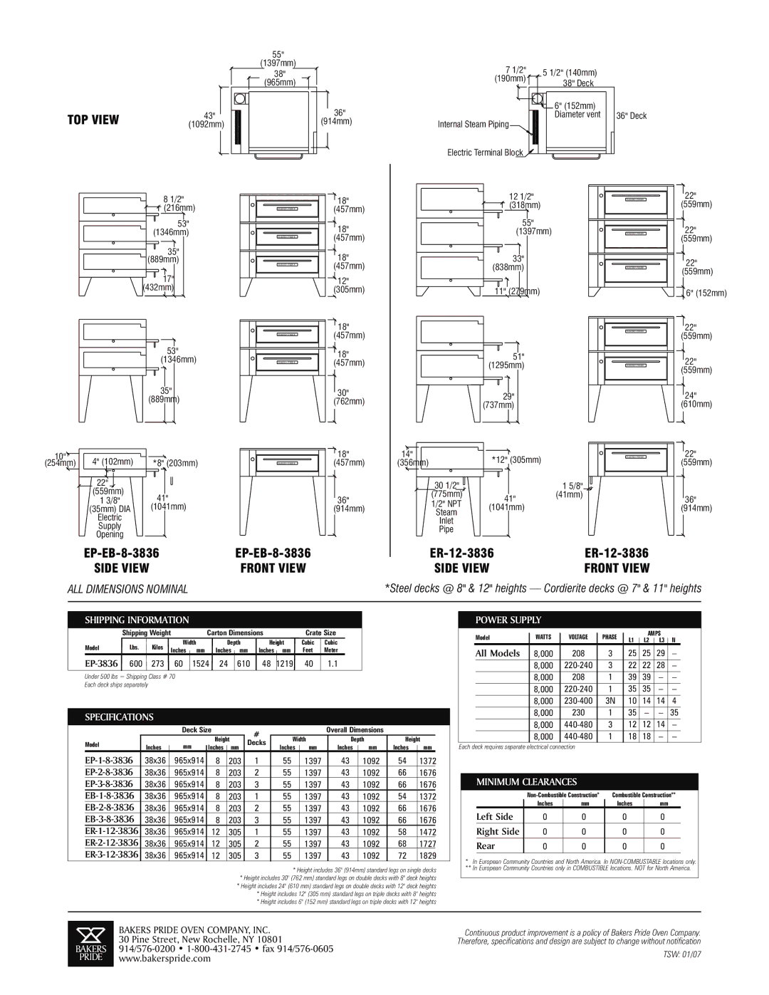 Bakers Pride Oven ER-1-12-3836 specifications Specifications, Power Supply, Minimum Clearances 