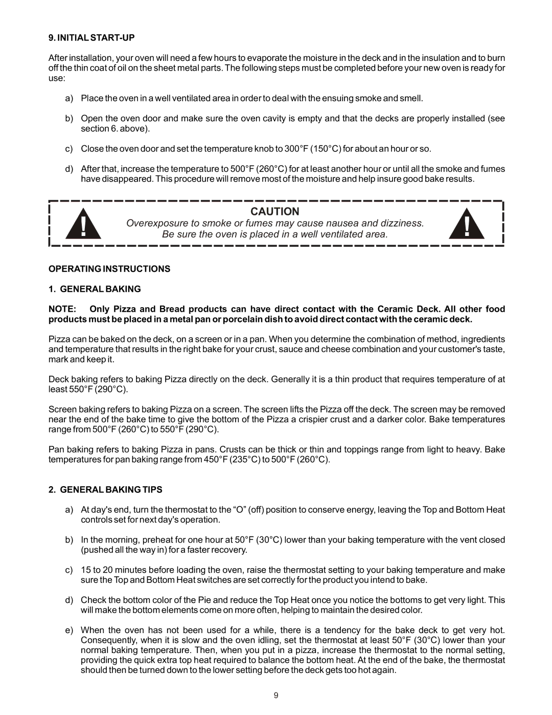 Bakers Pride Oven EB, ER manual Initial START-UP, Operating Instructions General Baking, General Baking Tips 