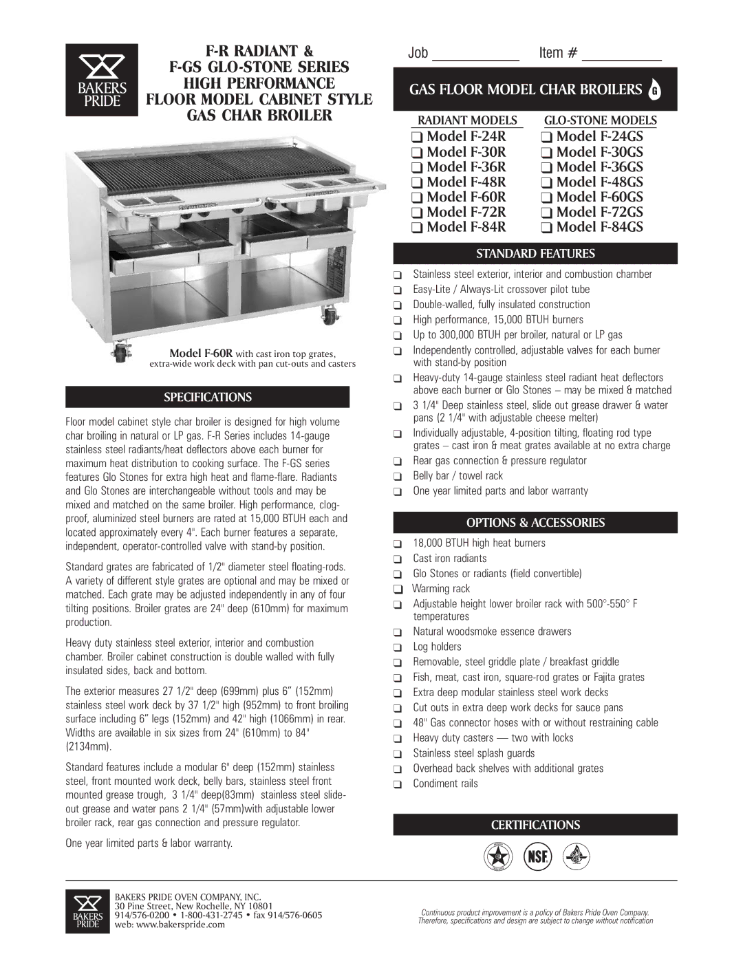 Bakers Pride Oven F-60R specifications Specifications, Standard Features, Options & Accessories, Certifications 