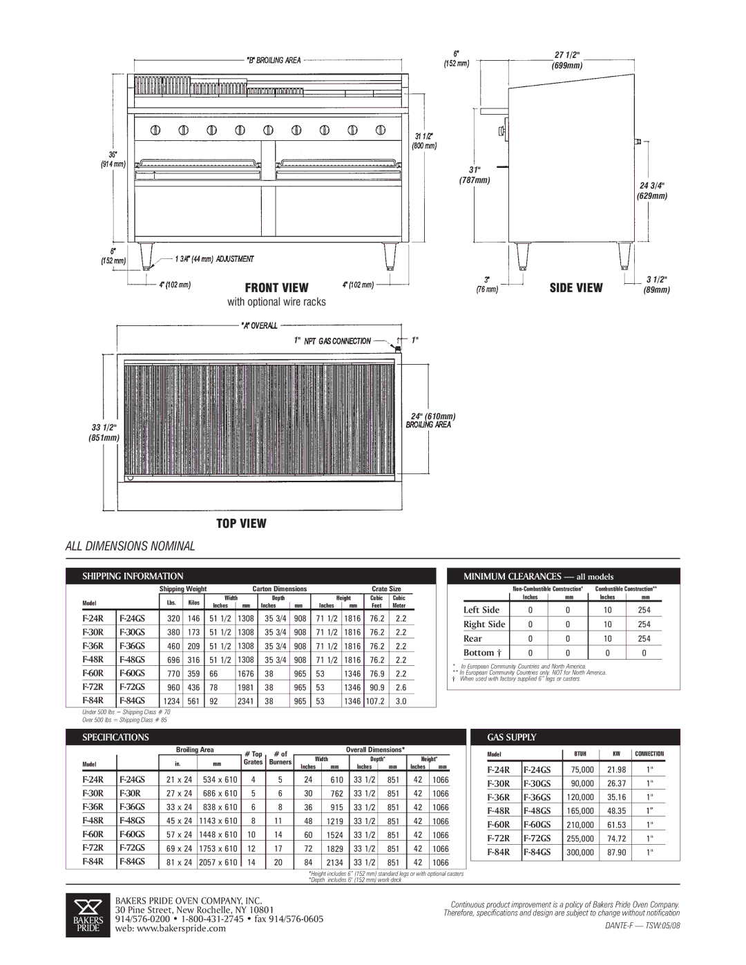 Bakers Pride Oven F-60R specifications Shipping Information, GAS Supply 