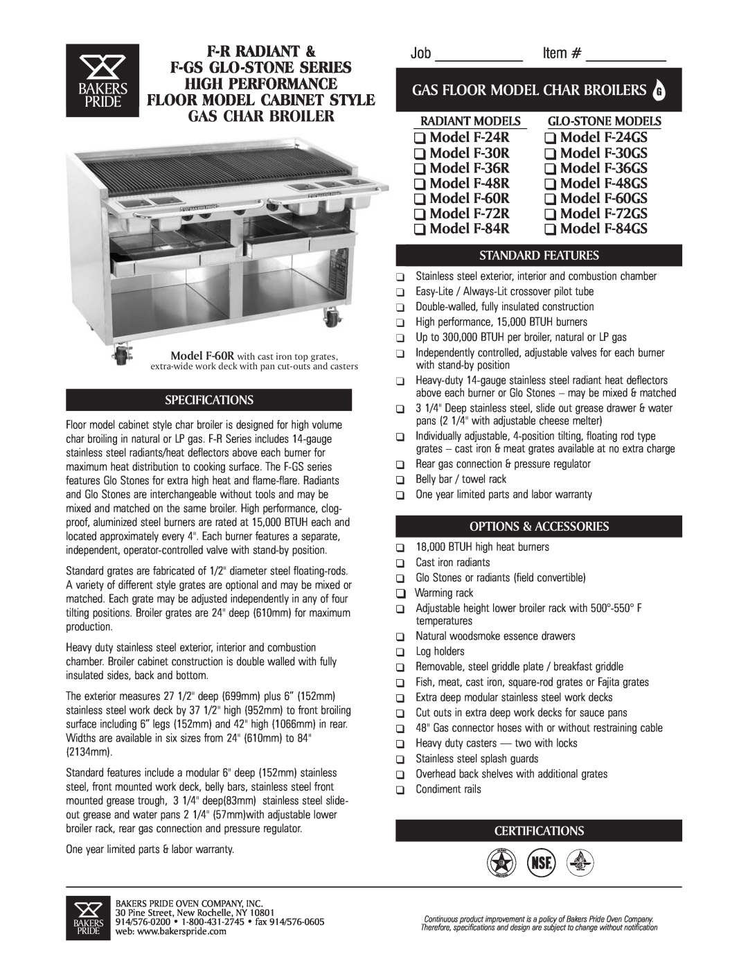 Bakers Pride Oven F-60R specifications F-Rradiant, Gas Floor Model Char Broilers G 