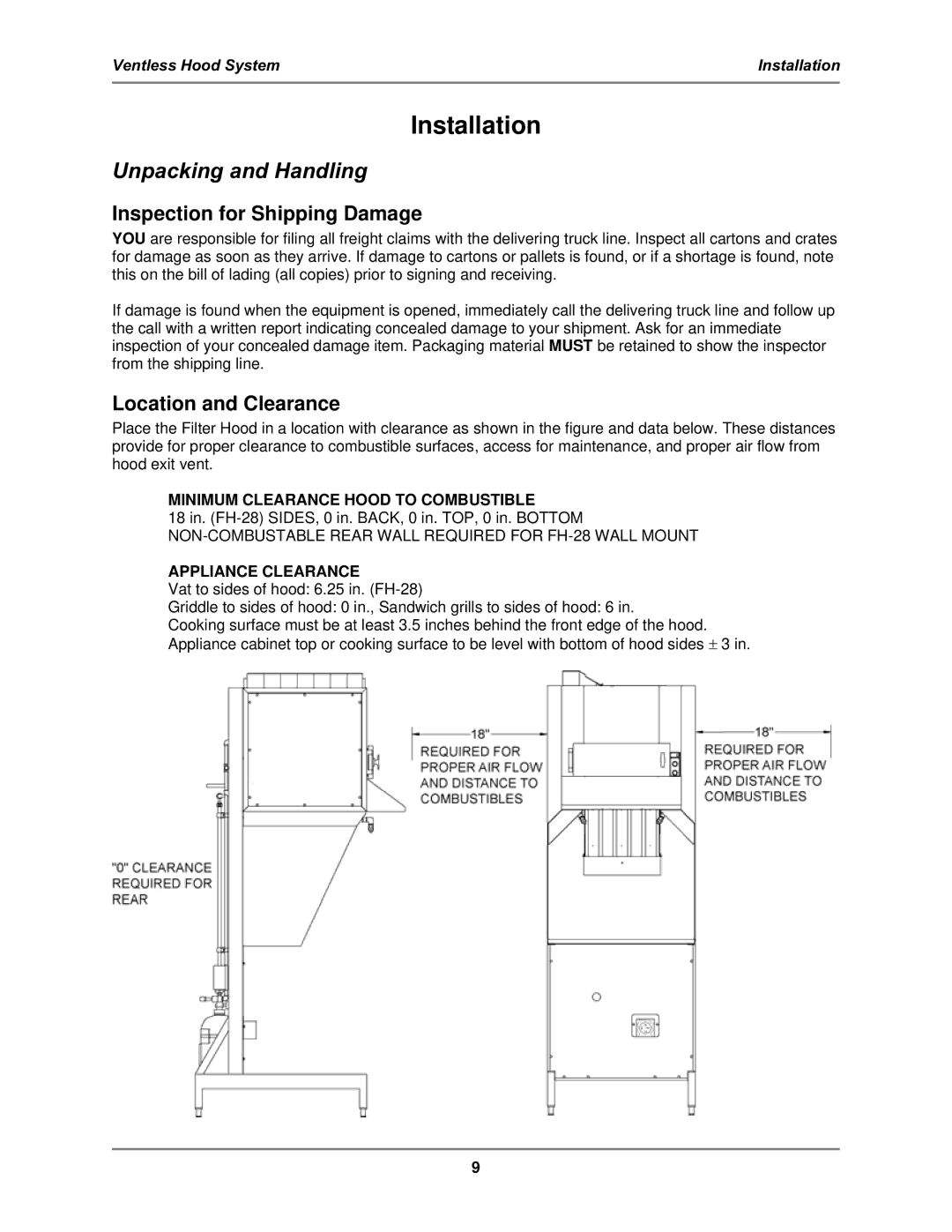 Bakers Pride Oven FH-28 Installation, Unpacking and Handling, Inspection for Shipping Damage, Location and Clearance 