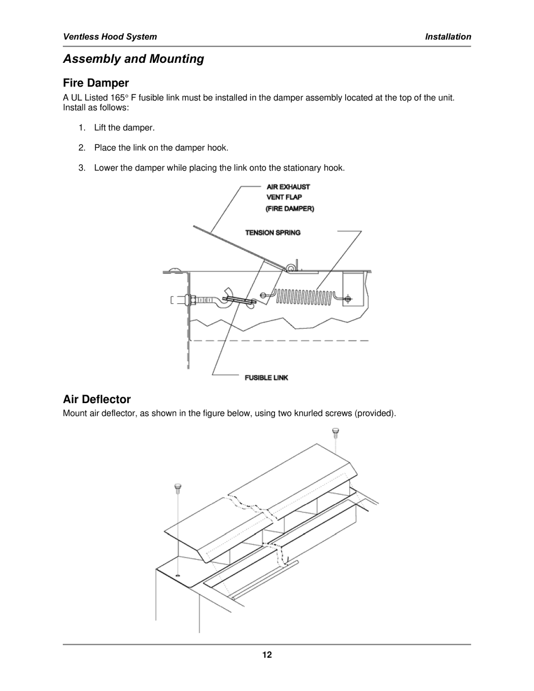 Bakers Pride Oven FH-28 operation manual Assembly and Mounting, Fire Damper, Air Deflector 