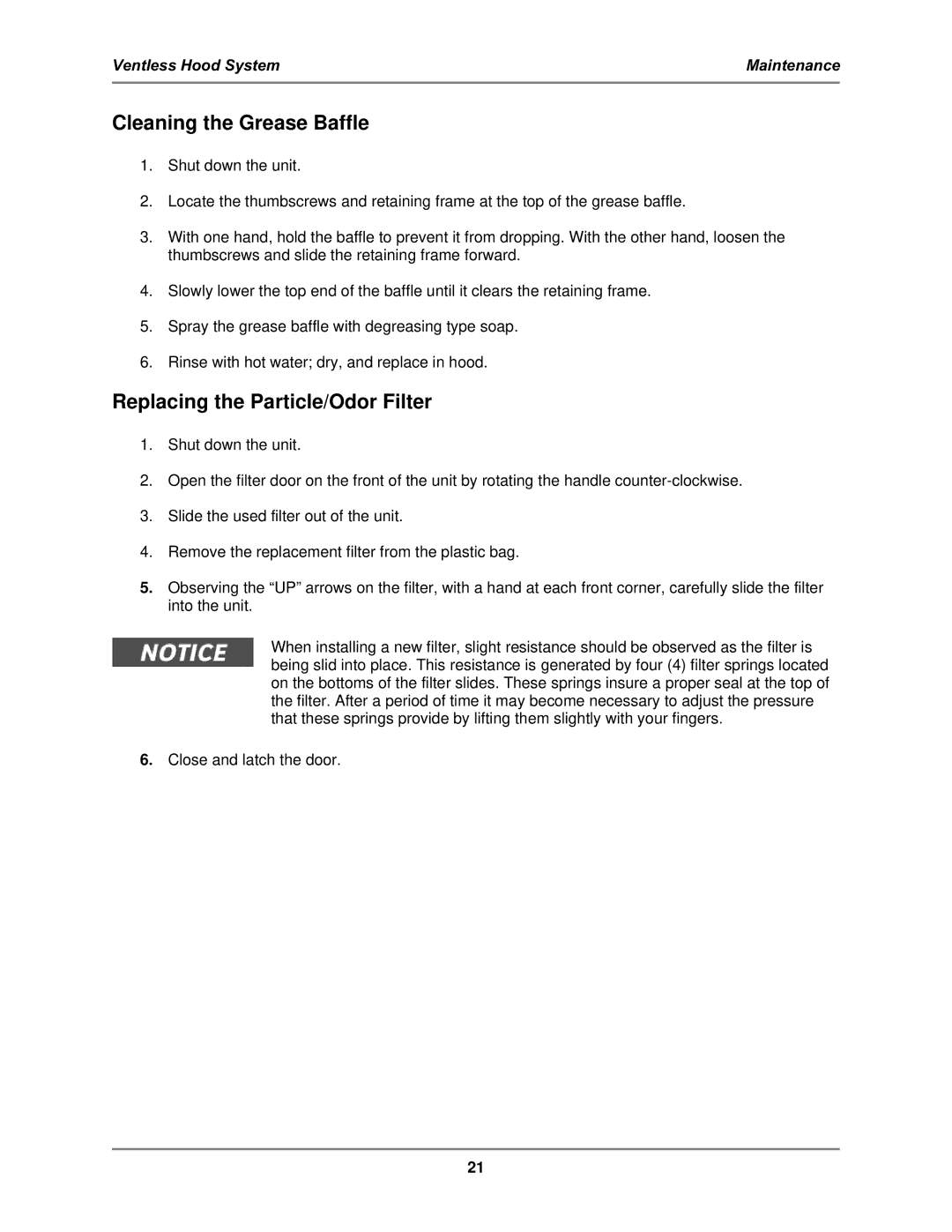 Bakers Pride Oven FH-28 operation manual Cleaning the Grease Baffle, Replacing the Particle/Odor Filter 