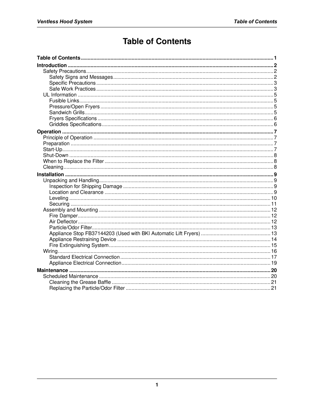 Bakers Pride Oven FH-28 operation manual Table of Contents 