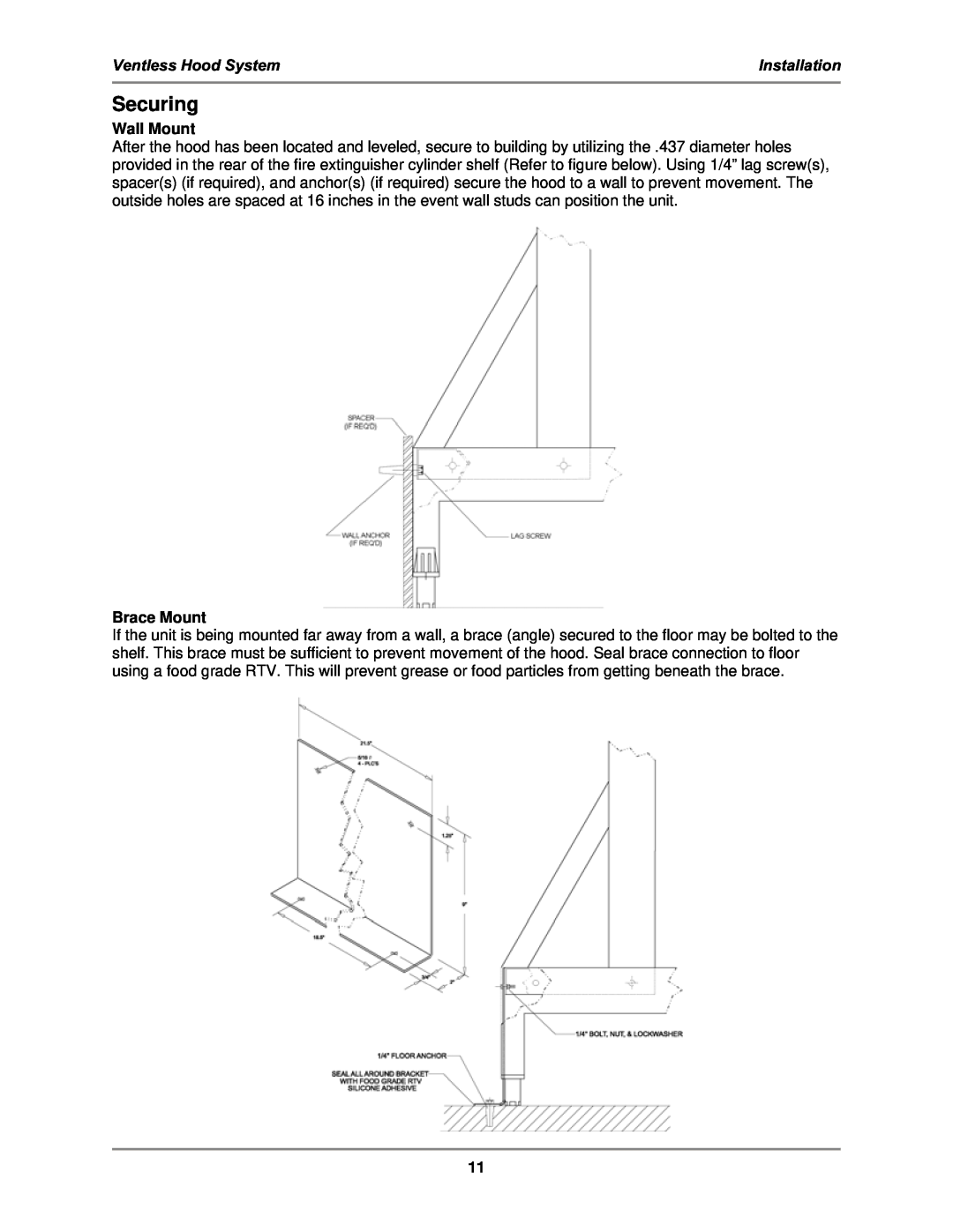 Bakers Pride Oven FH-28 operation manual Securing, Wall Mount, Brace Mount, Ventless Hood System, Installation 