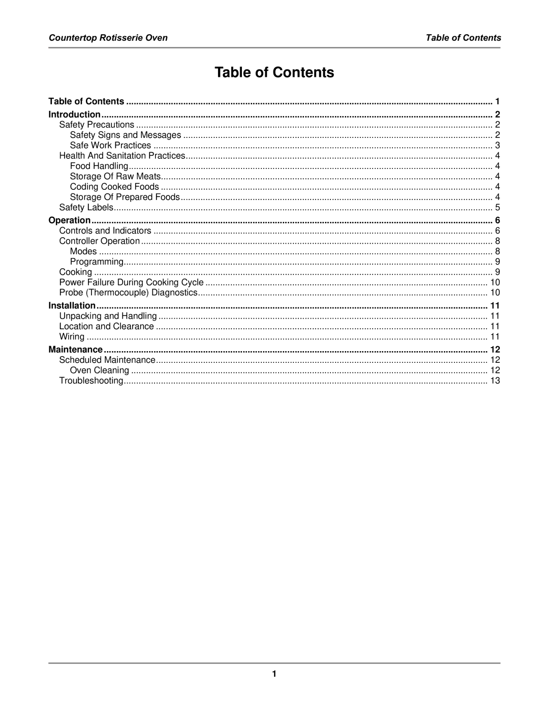 Bakers Pride Oven FS operation manual Table of Contents 