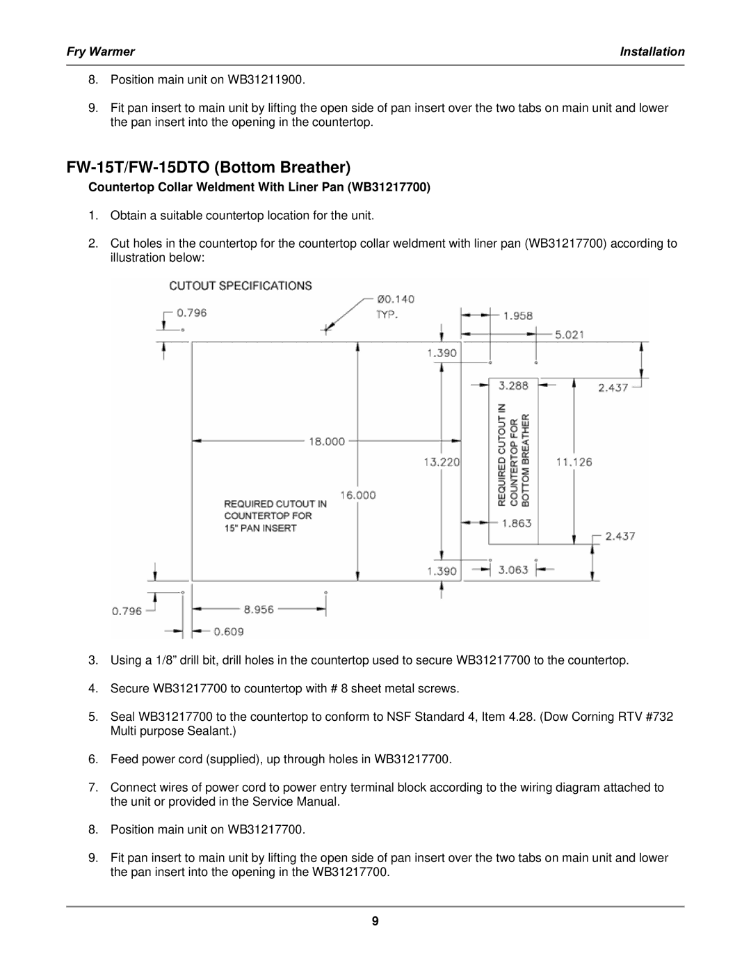 Bakers Pride Oven FW-12T manual FW-15T/FW-15DTO Bottom Breather, Countertop Collar Weldment With Liner Pan WB31217700 