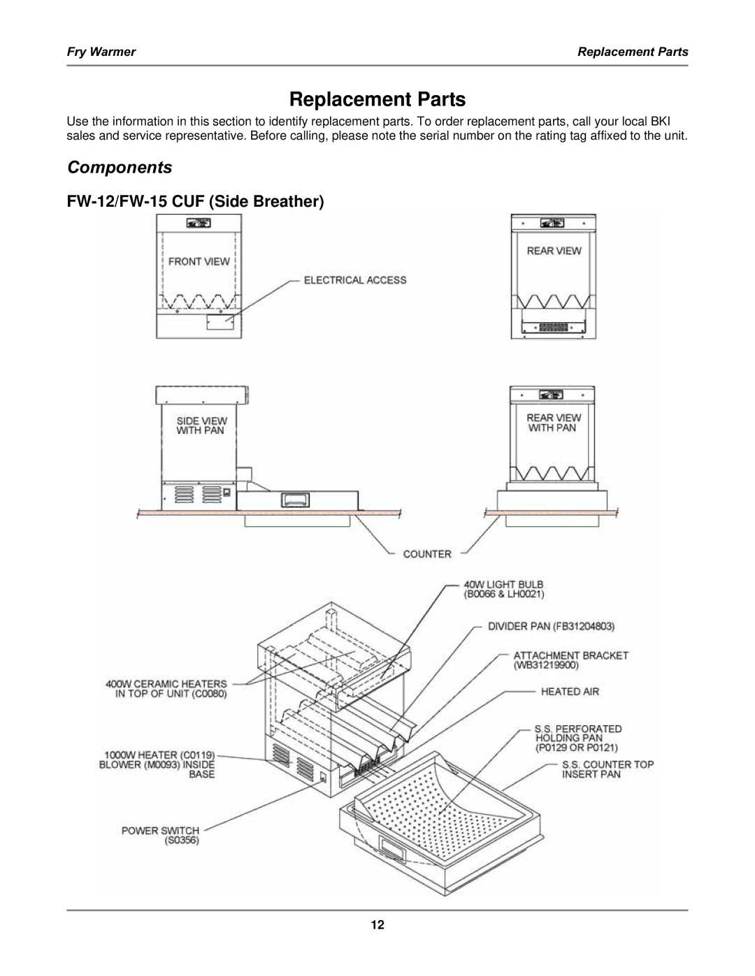 Bakers Pride Oven FW-12T, FW-15T, FW-15DTO manual Replacement Parts, Components, FW-12/FW-15 CUF Side Breather 