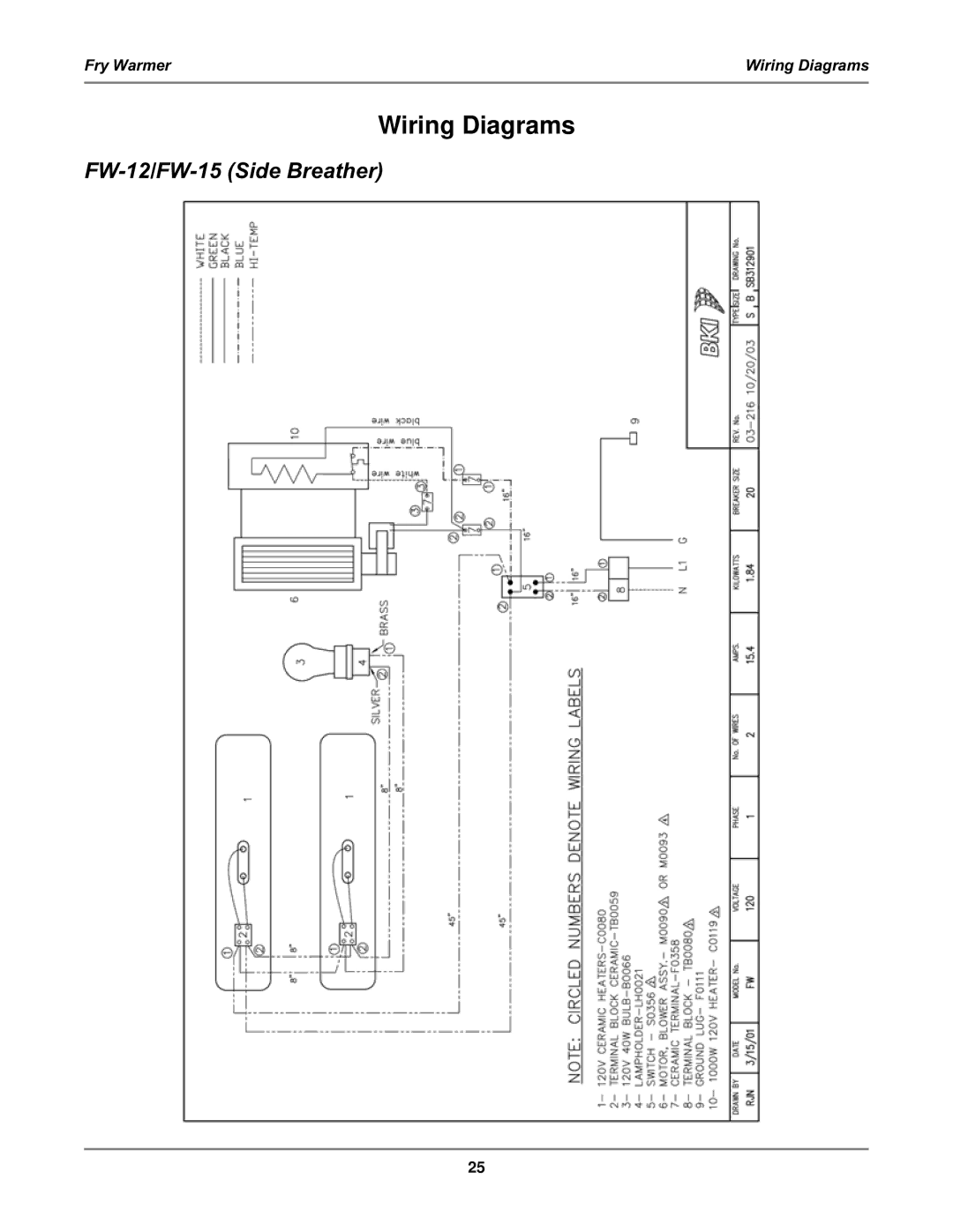 Bakers Pride Oven FW-15T, FW-12T, FW-15DTO manual Wiring Diagrams, FW-12/FW-15 Side Breather 