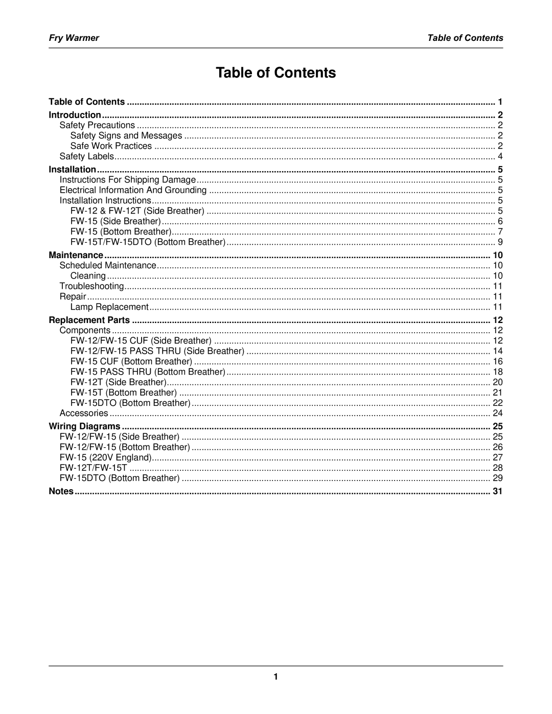 Bakers Pride Oven FW-15DTO, FW-12T, FW-15T manual Table of Contents 