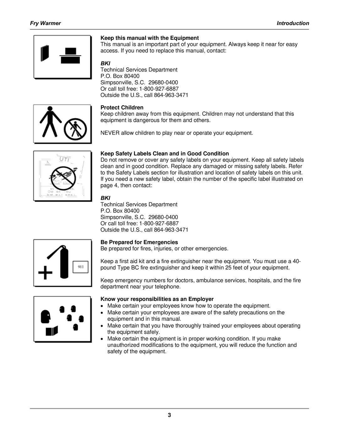 Bakers Pride Oven FW-12T, FW-15T Keep this manual with the Equipment, Protect Children, Be Prepared for Emergencies 