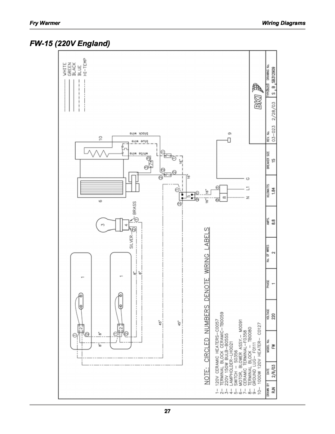 Bakers Pride Oven FW-12T, FW-15T, FW-15DTO manual FW-15220V England, Fry Warmer, Wiring Diagrams 
