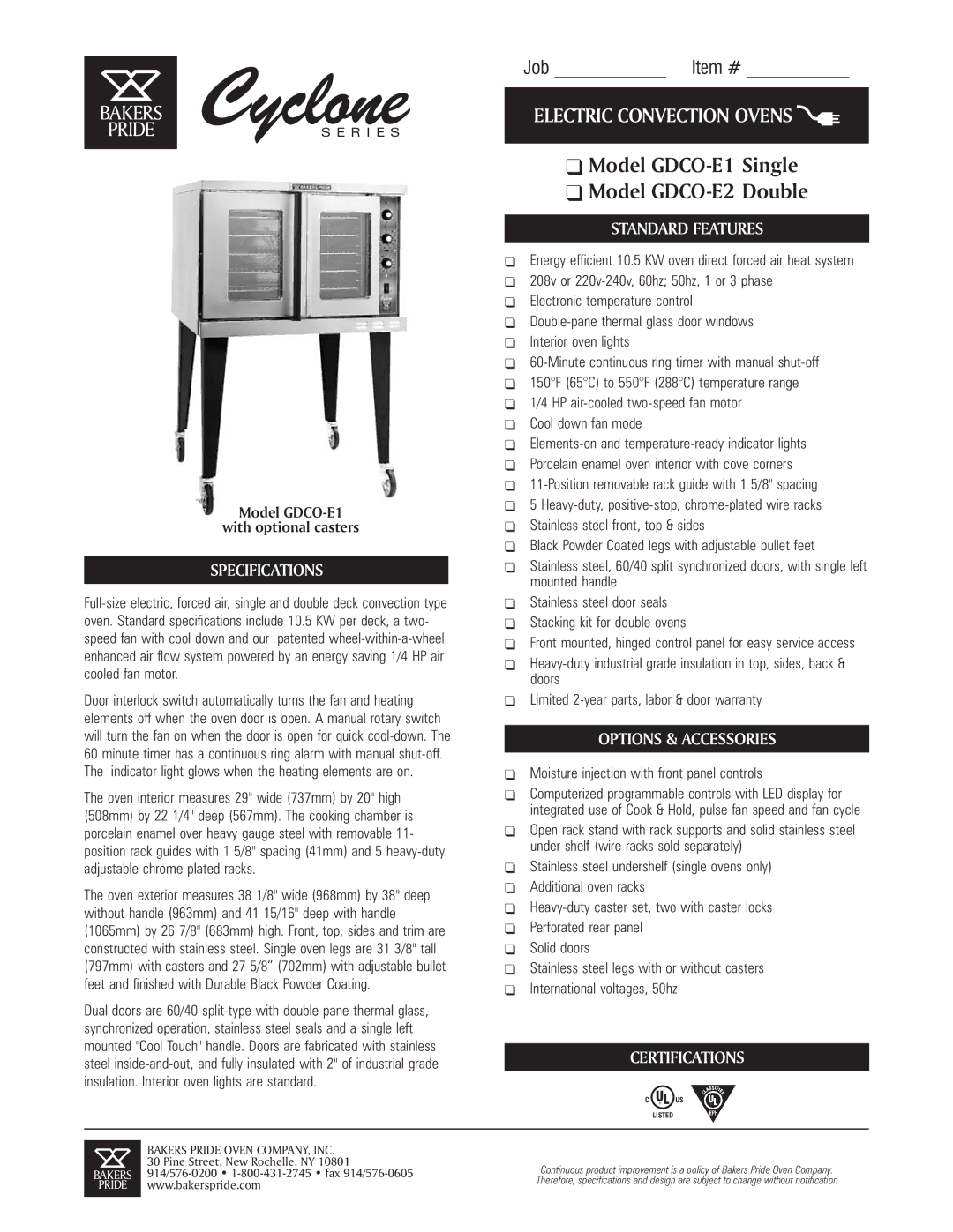 Bakers Pride Oven GDCO-E1 Single specifications Specifications, Standard Features, Options & Accessories, Certifications 