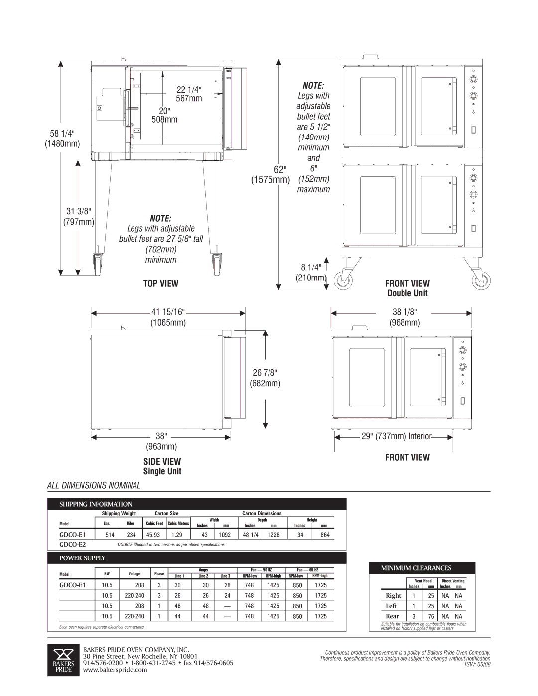 Bakers Pride Oven GDCO-E2 Double, GDCO-E1 Single specifications Shipping Information, Power Supply, Minimum Clearances 