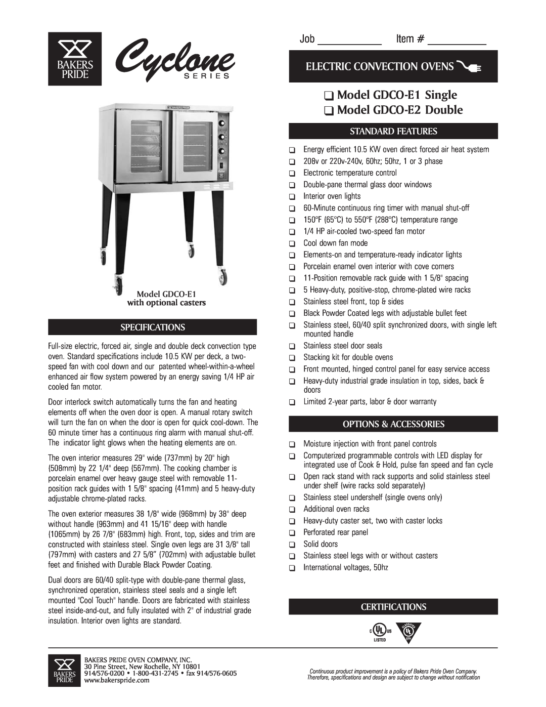 Bakers Pride Oven GDCO-E1 Single specifications Model GDCO-E1 with optional casters, Electric Convection Ovens, Job Item # 
