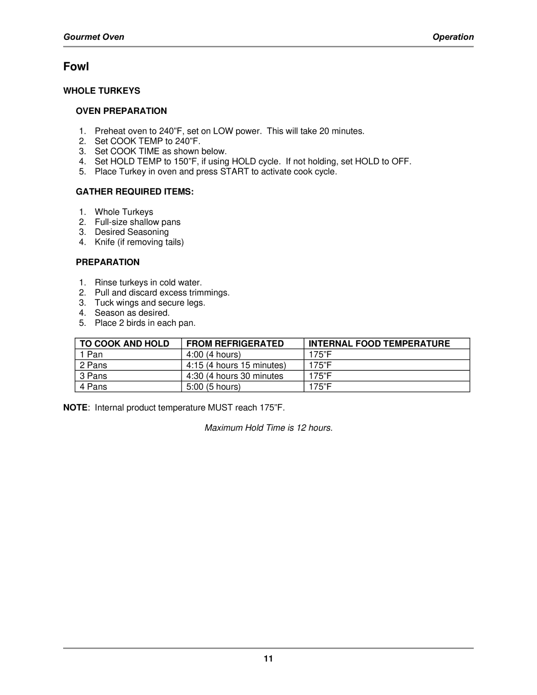 Bakers Pride Oven GO-36T operation manual Fowl, Whole Turkeys Oven Preparation, Gather Required Items 