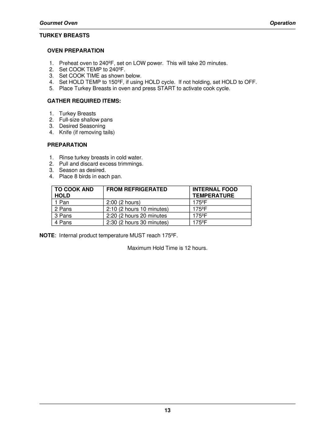 Bakers Pride Oven GO-36T operation manual Turkey Breasts Oven Preparation 