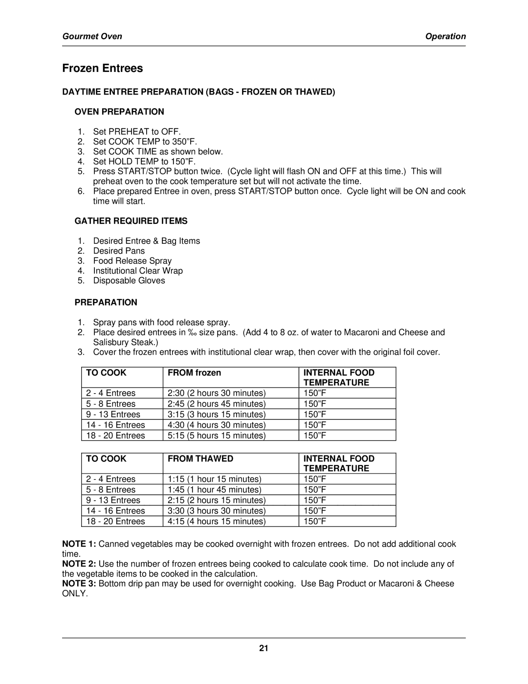 Bakers Pride Oven GO-36T operation manual Frozen Entrees, To Cook From Thawed Internal Food Temperature 