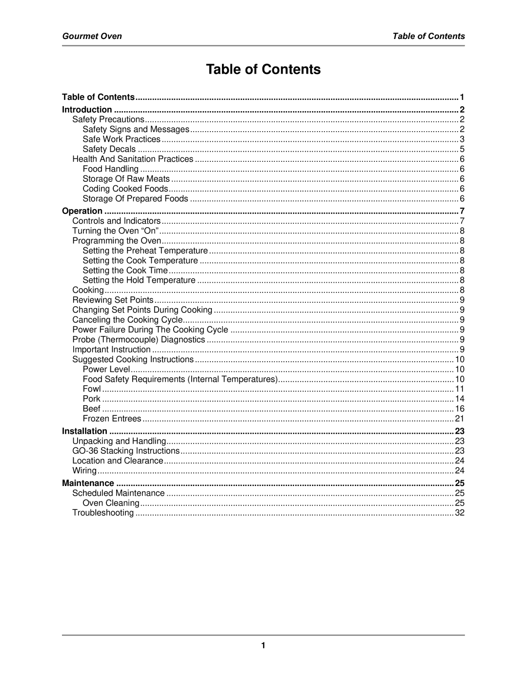 Bakers Pride Oven GO-36T operation manual Table of Contents 