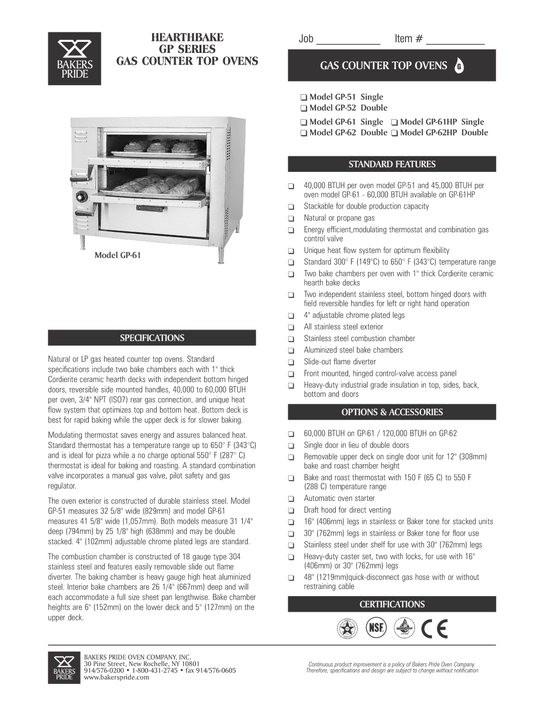 Bakers Pride Oven GP-62, GP-52 specifications Specifications, Standard Features, Options & Accessories, Certifications 