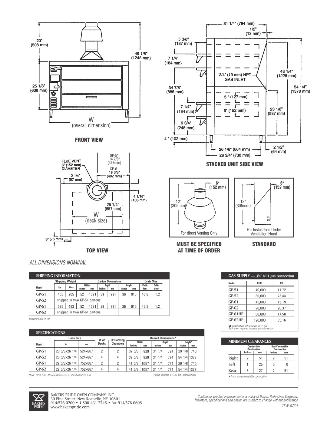 Bakers Pride Oven GP-52, GP-62 specifications Shipping Information, Specifications, Minimum Clearances 