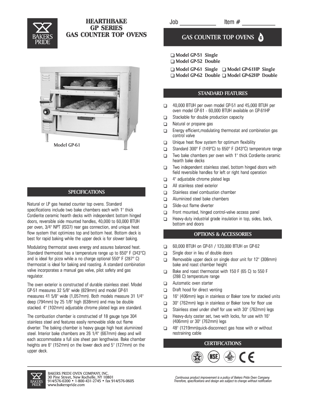 Bakers Pride Oven GP-62 specifications Job Item #, Hearthbake Gp Series, Bakers Gas Counter Top Ovens Pride, Model GP-61 