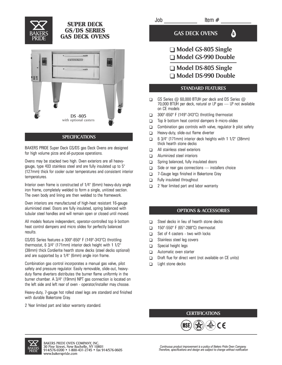 Bakers Pride Oven specifications Model GS-805 Single Model GS-990 Double Model DS-805 Single, Model DS-990 Double 