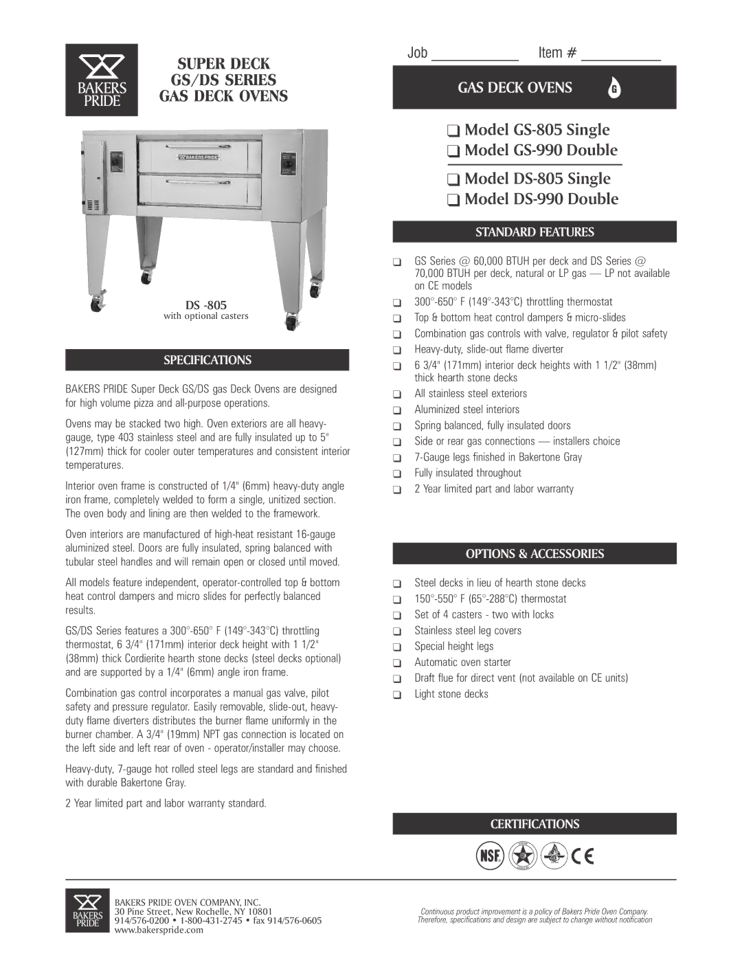 Bakers Pride Oven GS-805, GS-990 specifications Specifications, Standard Features, Options & Accessories, Certifications 