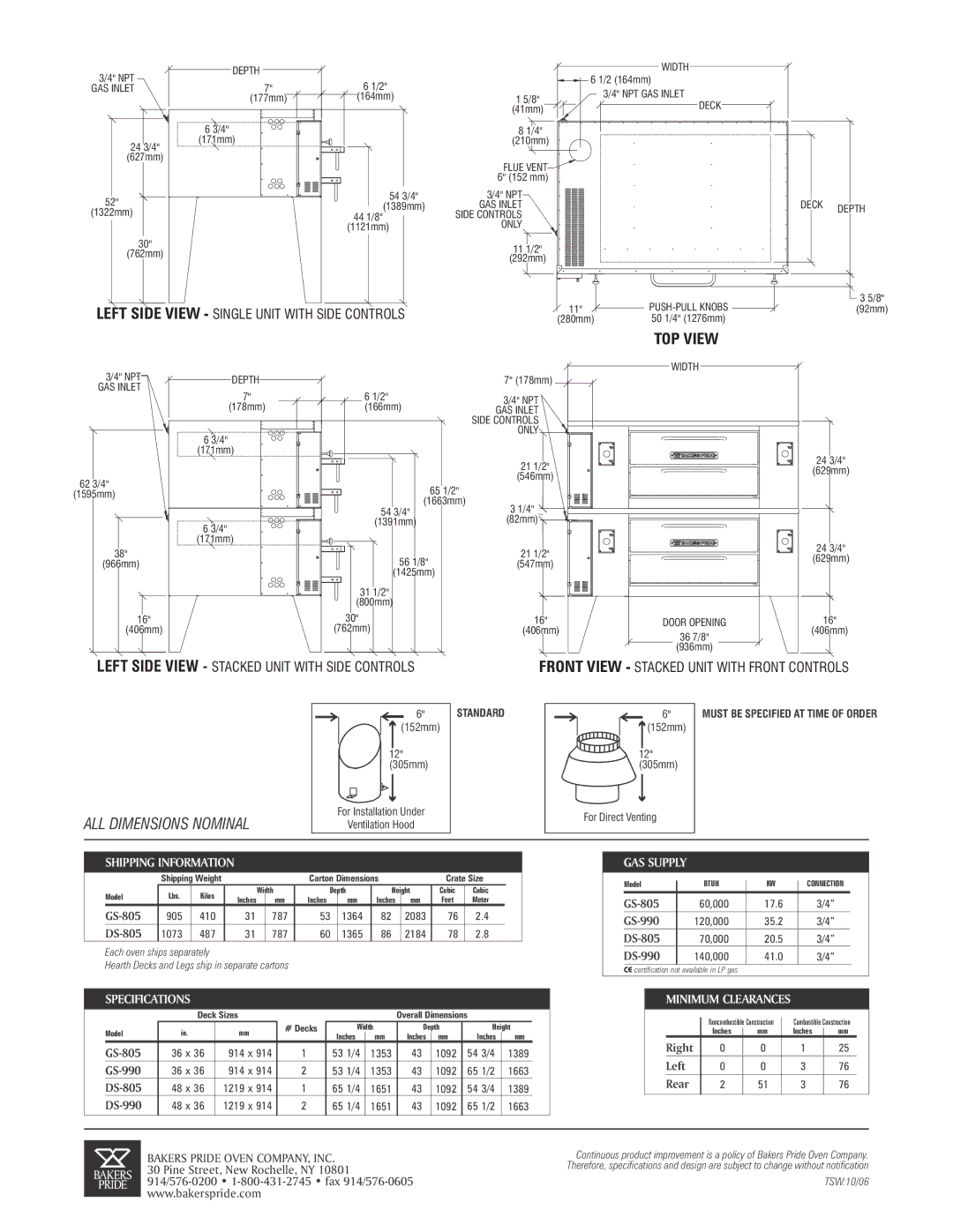 Bakers Pride Oven DS-990, GS-990, GS-805, DS-805 specifications Shipping Information GAS Supply, Minimum Clearances 