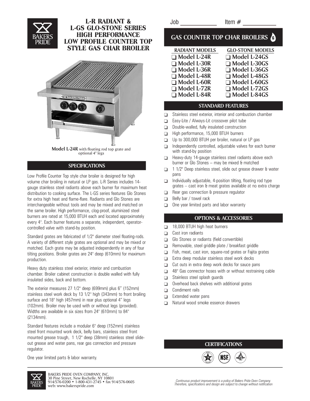 Bakers Pride Oven L-60R, L-24GS specifications Specifications, Standard Features, Options & Accessories, Certifications 