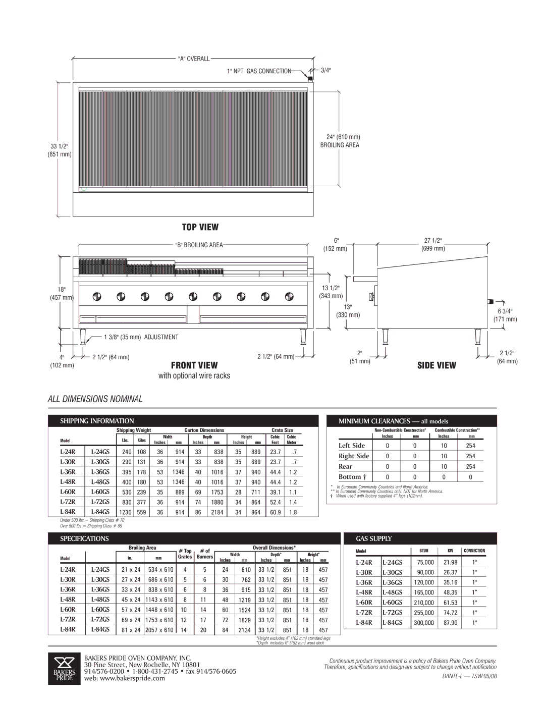 Bakers Pride Oven L-60GS, L-24GS, L-60R, L-36R, L-30GS, L-24R, L-48GS, L-48R, L-72R, L-84R, L-30R Shipping Information, GAS Supply 