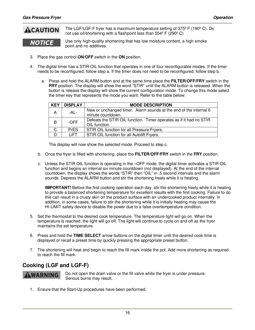 Bakers Pride Oven LGF-FC service manual Cooking LGF and LGF-F, KEY Display Mode Description 