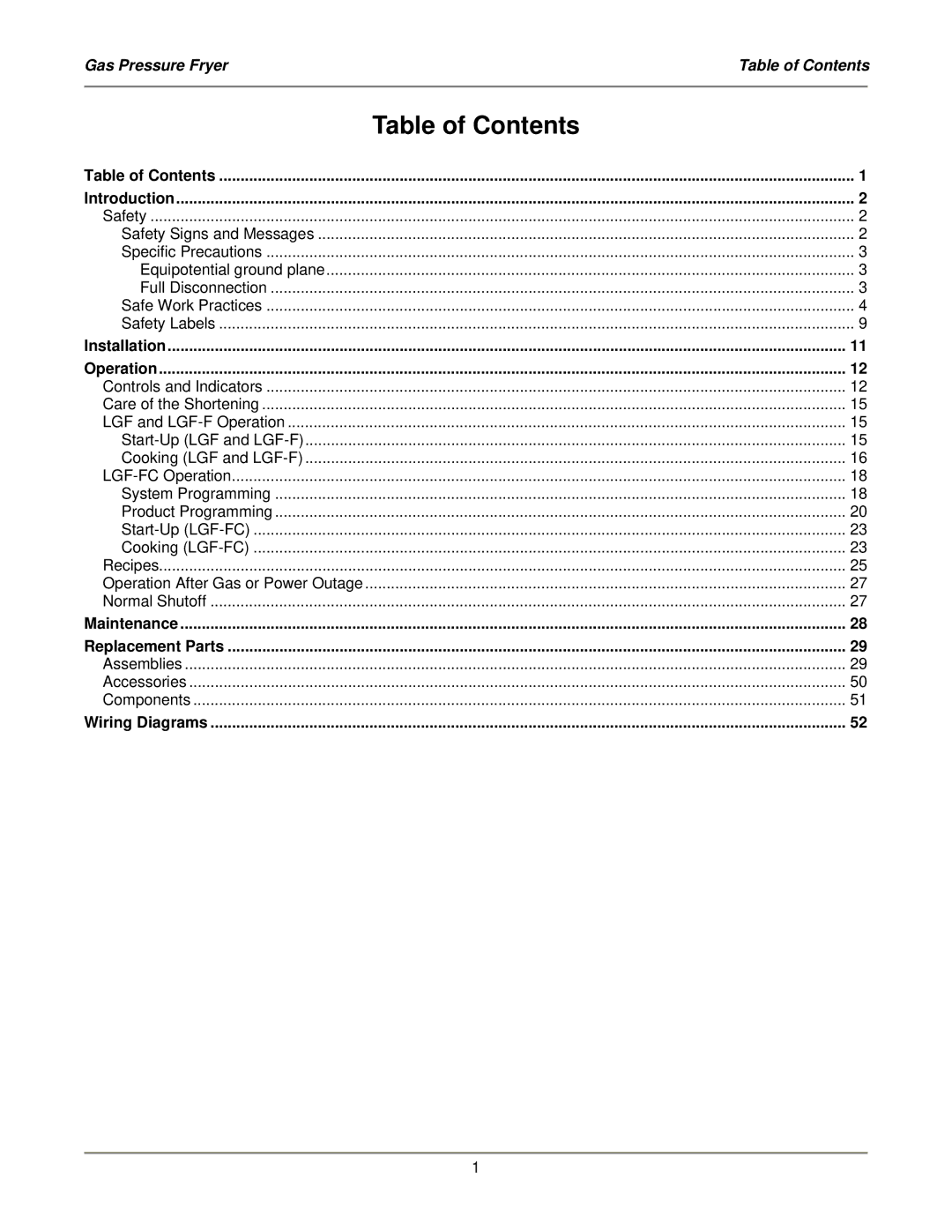 Bakers Pride Oven LGF-FC service manual Table of Contents 