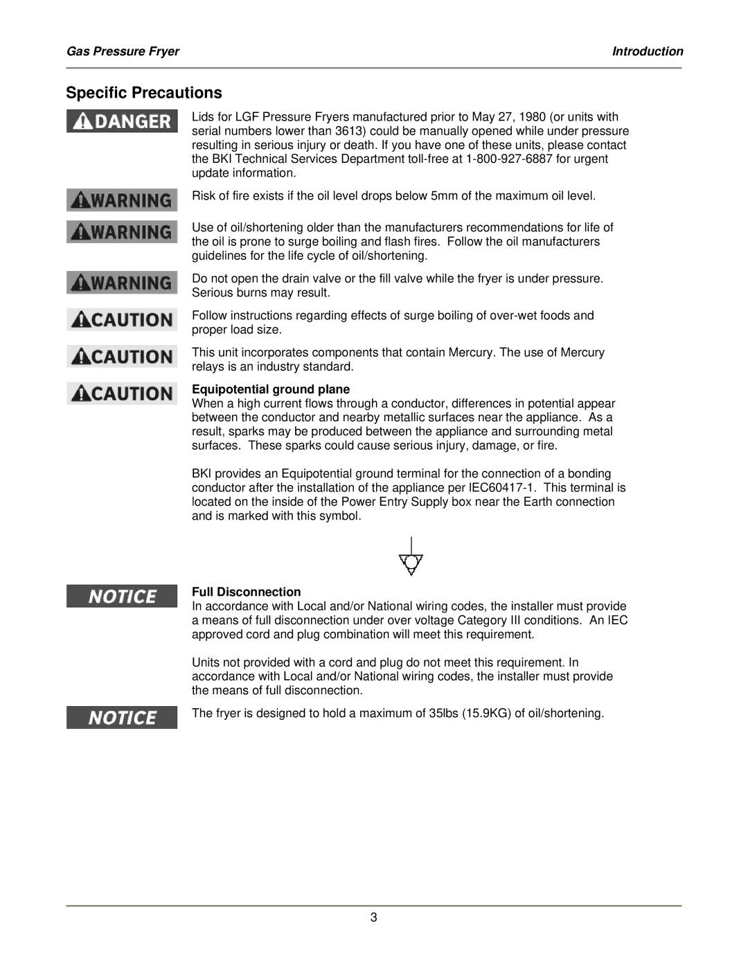 Bakers Pride Oven LGF-FC service manual Specific Precautions, Equipotential ground plane, Full Disconnection 